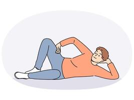 Man lies on floor with hand under head and with smile looks at screen, offering to relax and unwind vector