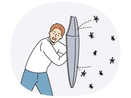 Man defends himself from mosquitoes using shield and screaming, need in fumigator or insect spray vector