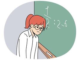 Schoolgirl standing near chalkboard gets, upset because doesnt know solution of mathematical example vector