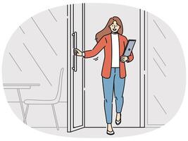 Woman freelancer with laptop leaves cafe and rejoices at opportunity to work where it is convenient vector