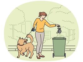 Woman walking dog throws bag of puppy poop into trash can, taking care of cleanliness of park vector