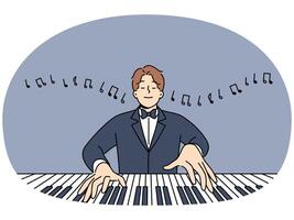 Man maestro plays piano with eyes closed and performs classical compositions in symphony orchestra vector
