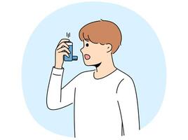 Boy uses inhaler to treat asthma attack due to difficulty breathing and lung disease vector