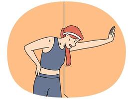 Woman runner with sweat on face, leaning against wall and trying to catch breath after long run vector