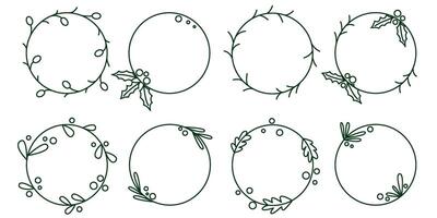 Round frames with holly leaves, fir branches and berries doodle sketch style set vector