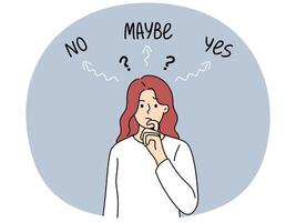 Thinking woman makes difficult solution and reflects on problem that has arisen. vector