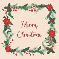 Merry Christmas square frame with berries, foliage and holly vector