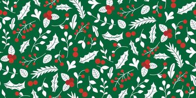 Seamless pattern with white silhouette of holly leaves, sprigs and red berries vector