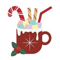 Festive winter cocoa with marshmallows, candy cane and chocolate sticks vector