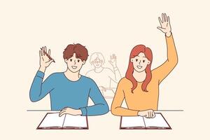 Students receive education, sitting at desks at university and raising hands up. vector