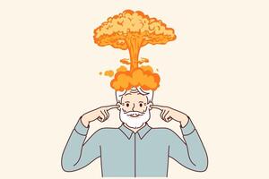 Explosion of brain in elderly man who has experienced severe strain on intellect and covers ears vector