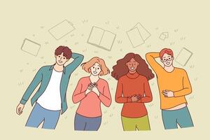 Group of happy students lie on grass in park and smile, enjoying sunny summer day vector
