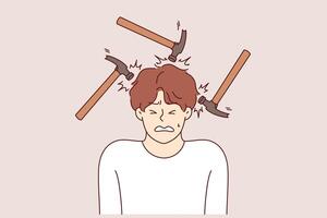 Headache and migraine torment man making painful grimace, standing among hammers vector