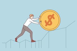 Ambitious man pushes gold coin upward, demonstrating desire to increase income from investment vector