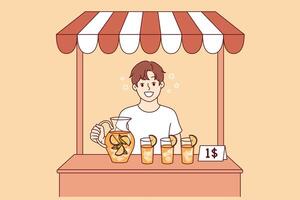 First job for little boy selling lemonade, earning money and dreaming of becoming businessman vector
