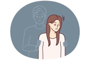 Sad girl with silhouette of man hugging beloved for concept of breaking up with boyfriend vector