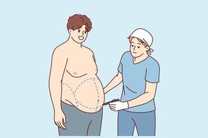 Preparation for liposuction for fat man who wants to get rid of excess weight and saggy belly vector