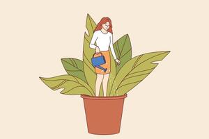 Woman engaged in self-development and personality improvement, standing in flower pot, field soil vector