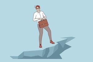 Challenge for business man standing at edge of abyss, blindfolded, and in need of help of guide vector