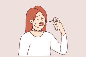Cough spray is used by woman to cure infection and kill viruses in mouth after contracting flu vector
