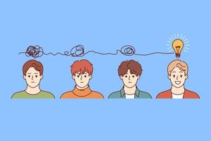 Men brainstorm together and organize chaotic thoughts into idea in form of light bulb above heads vector