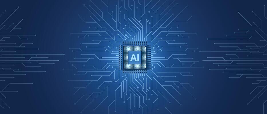 AI technology CPU chipset with printed circuit board. Printed circuit board and processor. Machine learning. Artificial intelligence web banner