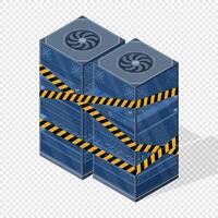Isometric server maintenance. Server racks with warning tape. Isometric server under repair. illustration vector