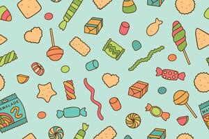 Seamless pattern with colorful candies, cookies and sweets on a blue background. vector