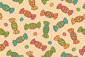 seamless pattern with sweets candies and lollipops in doodle style. Bright colorful candy background. vector