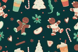 Christmas seamless pattern with cute characters, gingerbread men, sweets, holiday pastries and drinks. Design for Christmas backgrounds, wrapping paper. vector