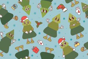 Seamless pattern of Christmas trees in kawaii style. Cute funny holiday trees. Blue background with snowflakes. vector