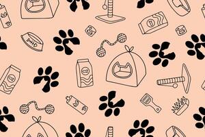 Seamless pattern of linear pet shop elements in doodle style. Set of icons of goods for cats. . illustration vector