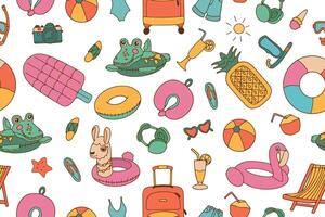 A hand-drawn seamless pattern of elements of summer holidays and travel. The style of the sketch is in the style of doodles. Illustration for wallpaper, background, packaging, postcards, printing. vector