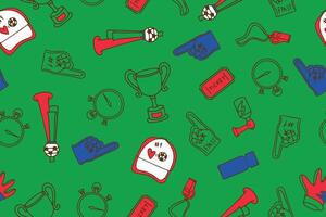 Seamless pattern of football players accessories and attributes in doodle style on green background. Football decorative illustration. . vector