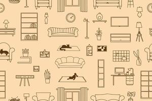 Linear Doodle style interior icons. Seamless colorful pattern of home furniture and decor items, hand drawn. vector