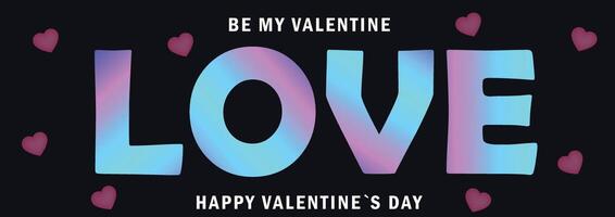 Valentines Day greeting card with holographic gradient. Celebration banner template with word LOVE and falling colorful heart. Design for celebration, decor, ads, branding, banner, cover. vector