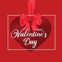 Happy Valentines Day red greeting card. Red Valentines Day heart with ribbon bow and festive greeting on a vibrant background. Design for celebration and season decoration, promotion, banner, cover. vector
