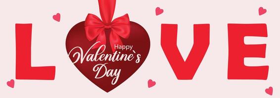 Happy Valentines Day horizontal banner. Red Valentines Day heart with ribbon bow and festive greeting on a vibrant background. Design for celebration and season decoration, promotion, banner, cover. vector