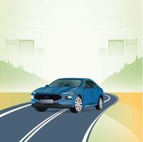 highway drive in premium sedan . black and white illustration in flat design vector