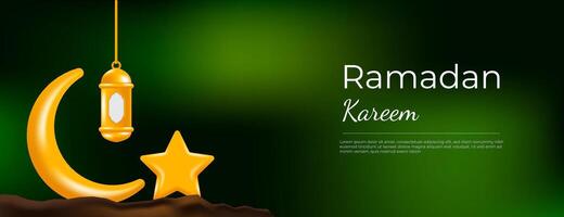 ramadan kareem banner design with 3d gold decoration on blurred green background vector