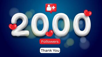 2000 followers celebration banner with 3d style on blue gradient background vector