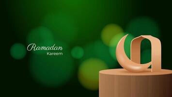 ramadan kareem with bokeh background and wooden 3d element. islamic nature background vector