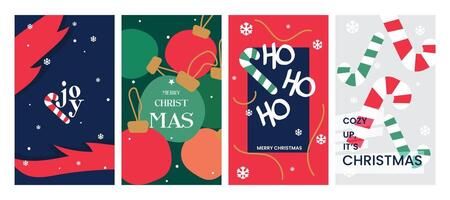 Merry Christmas and Happy New Year greeting card Set.Christmas tree branches, red balls, snowflake pattern. Modern beautiful Xmas design, Minimal art banner, poster, web cover templates vector