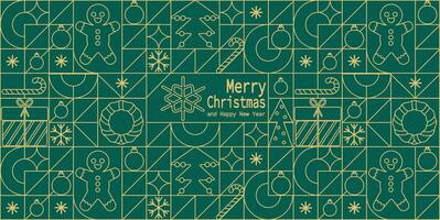 banner or background of abstract linear geometric shapes. Bright brutal contemporary icons. Green and gold colors. Various geometric figures. vector