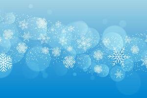 Christmas gradient blue background with falling snow and snowflakes, magical winter sky with snowfall, fantasy shining snowy backdrop, illustration. vector