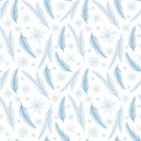 Seamless pattern with blue pine twigs and blue snowflakes vector