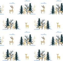 Seamless pattern family of deers in a forest, hand drawn textile animals in a forest vector