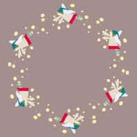 Christmas wreath with angels and stars on reddish background, hand drawn wreath vector