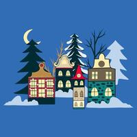 Postcard of a city with snow and pine trees on a blue background, winter scenery, hand drawn poster vector