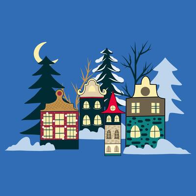 Postcard of a city with snow and pine trees on a blue background, winter scenery, hand drawn poster